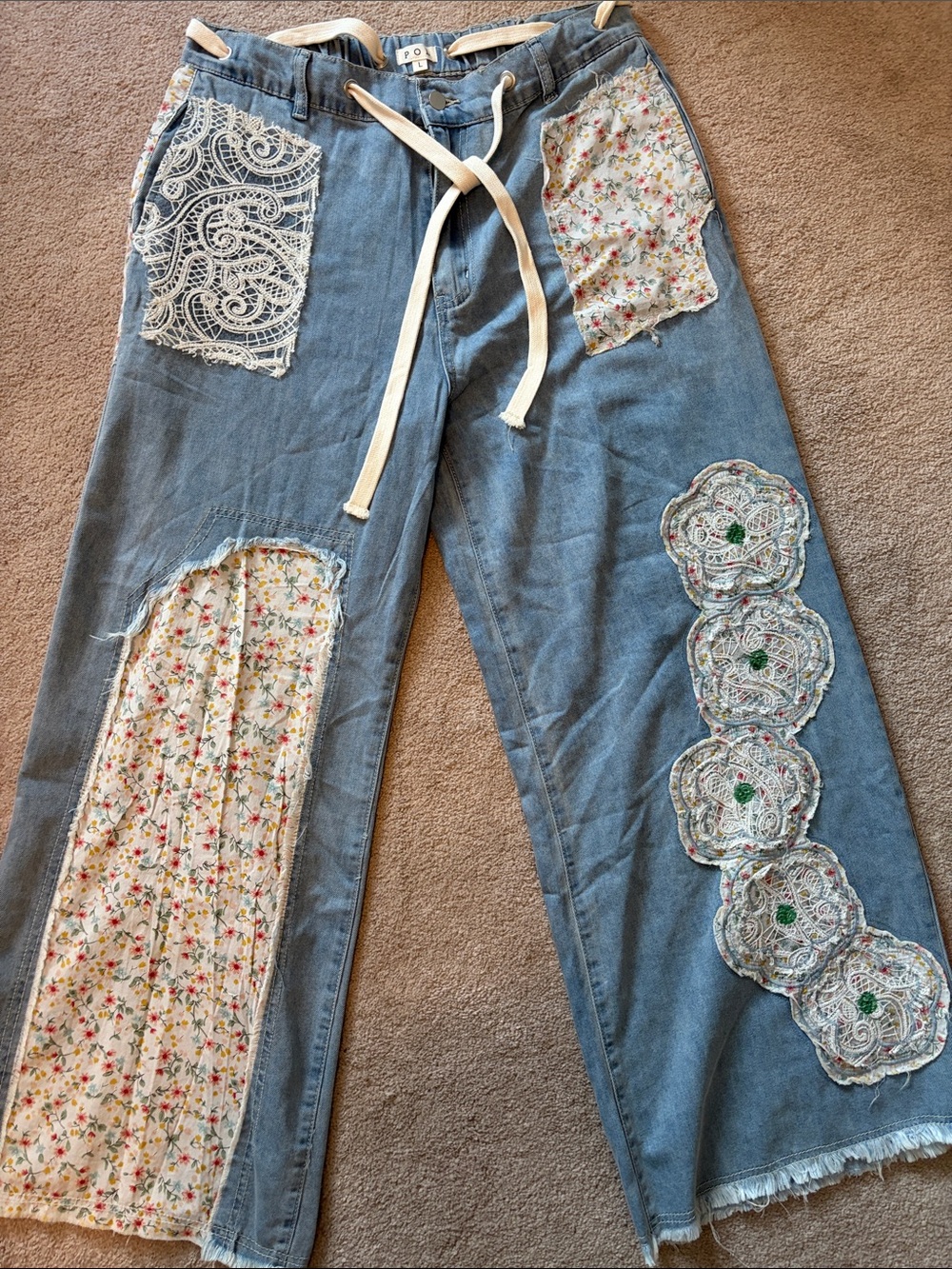 POL Light Blue Patchwork Wide-Leg Jeans with Lace and Floral Panels